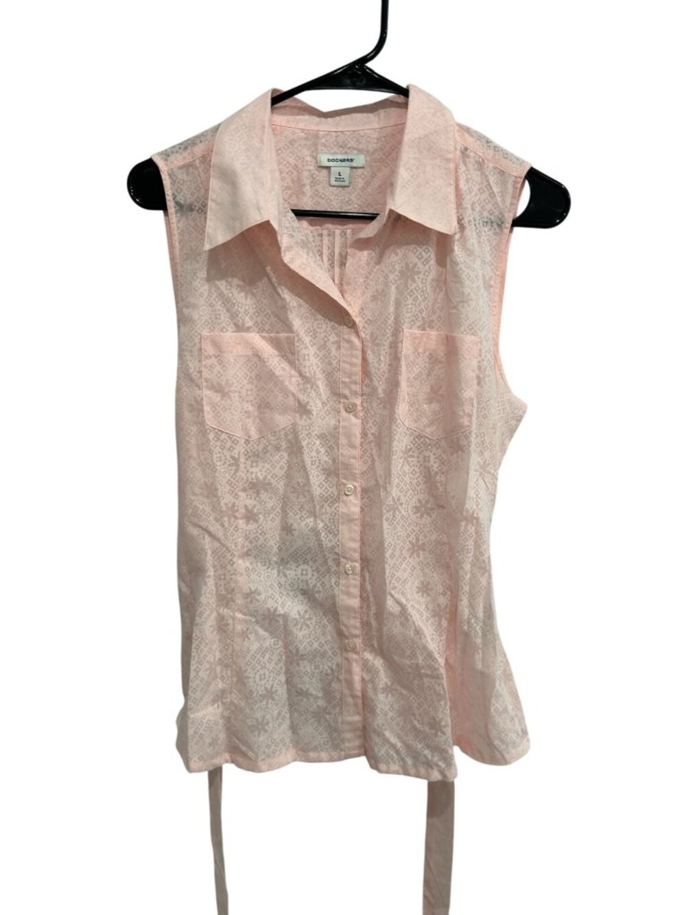 Dockers Tie Waist Sleeveless Button Up Shirt Pink Sz Large Sheer Floral Top NWT